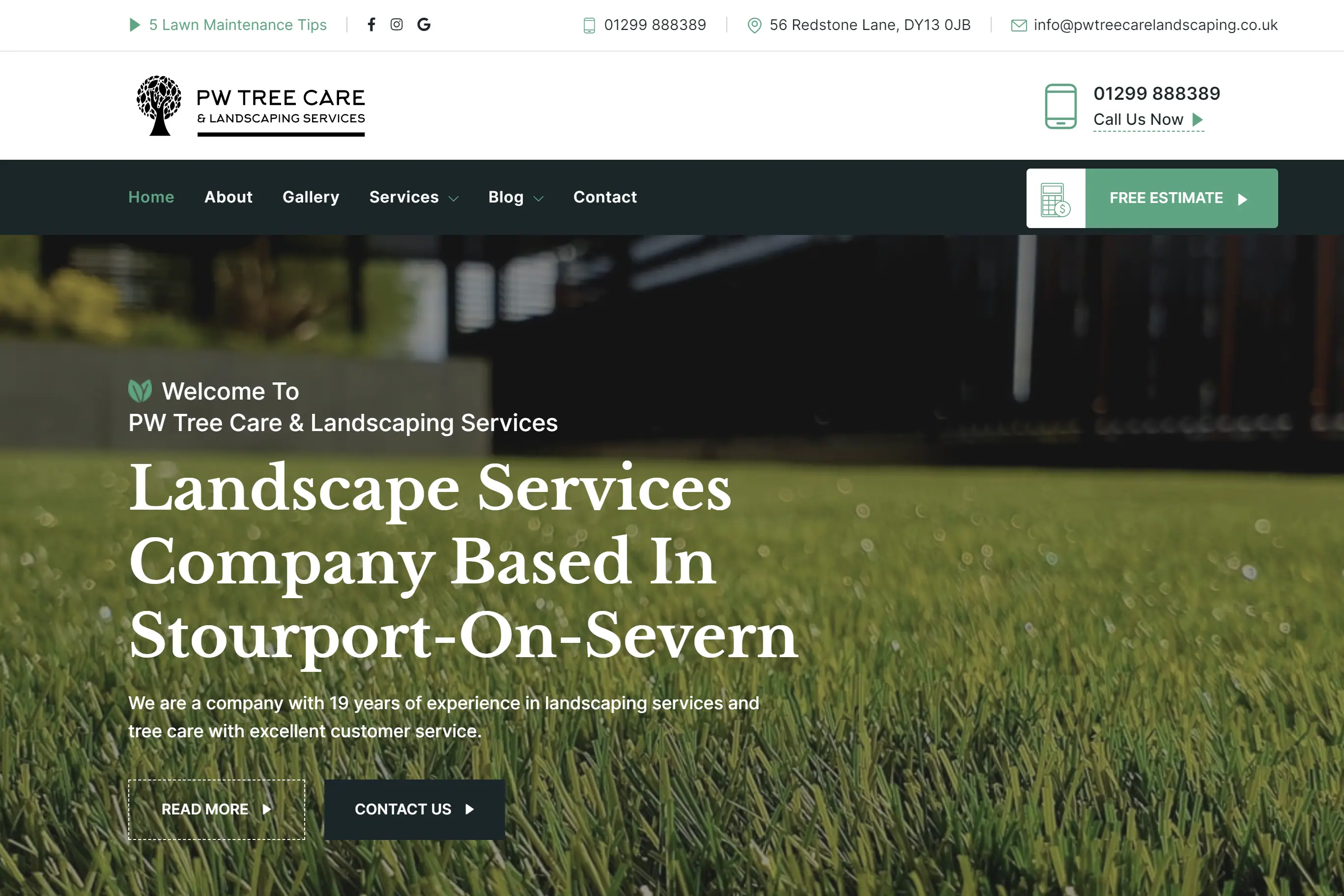 Home page screenshot of PW Tree Care Landscaping website